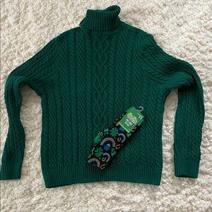 JEANNE PIERRE Green Cable Knit Turtleneck Sweater